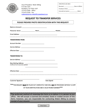 Pasadena Water Service Transfer Request