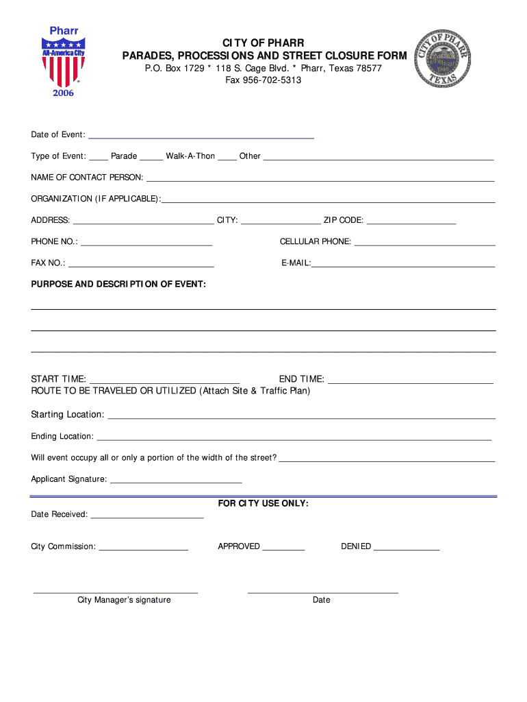 Parades, Processions and Street Closure Form Preview on Page 1