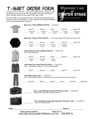 Fillable Online stage plgrove T-Shirt Order Form Shirt Order Form ...