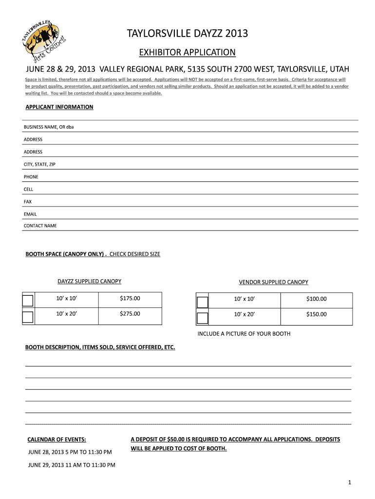 TAYLORSVILLE DAYZZ 2013 EXHIBITOR APPLICATION Preview on Page 1