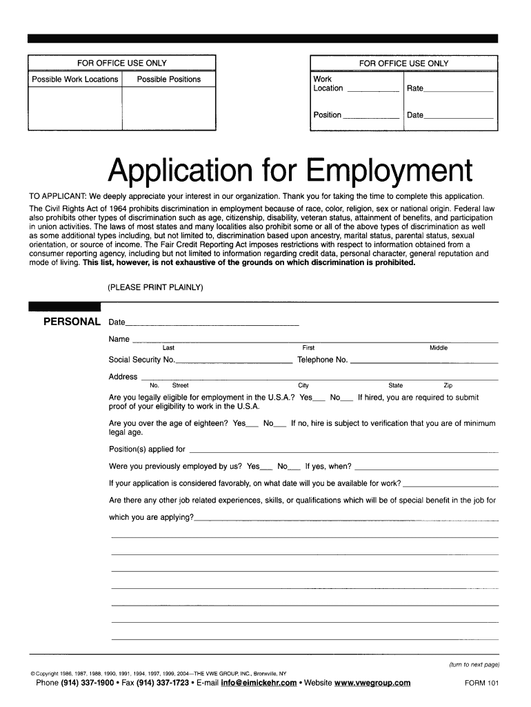 Town of Rockingham Bellows Falls Village Employment Application Preview on Page 1