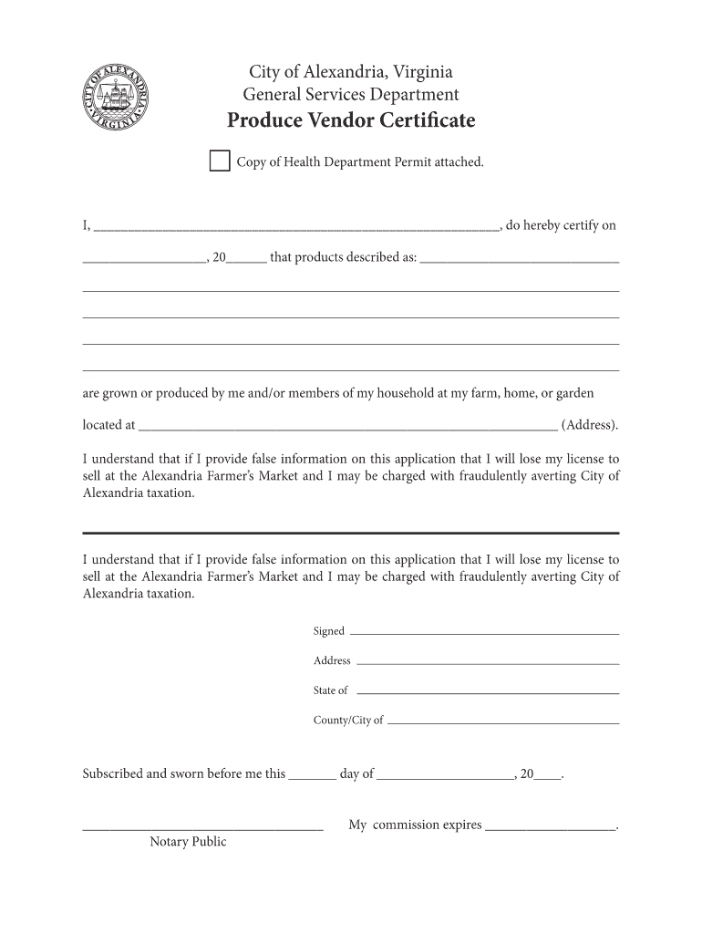 Produce Vendor Certificate Preview on Page 1