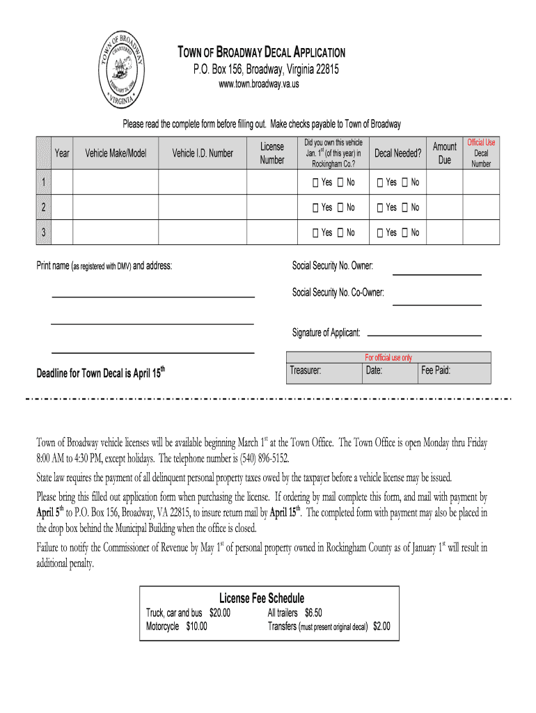TOWN OF BROADWAY DECAL APPLICATION Preview on Page 1