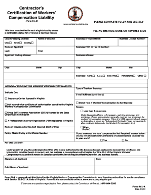 Virginia Contractor’s Certification of Workers’ Compensation Liability