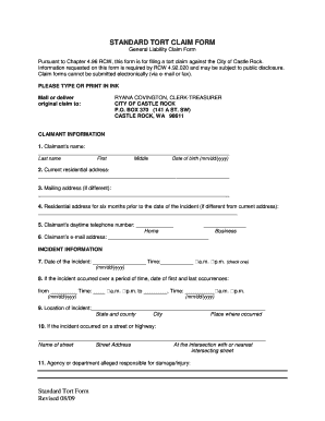 STANDARD TORT CLAIM FORM - City of Castle Rock - ci castle-rock wa