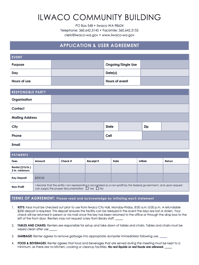 ILWACO COMMUNITY BUILDING APPLICATION and USER AGREEMENT Preview on Page 1
