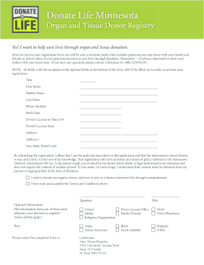 Minnesota Organ and Tissue Donor Registry Form