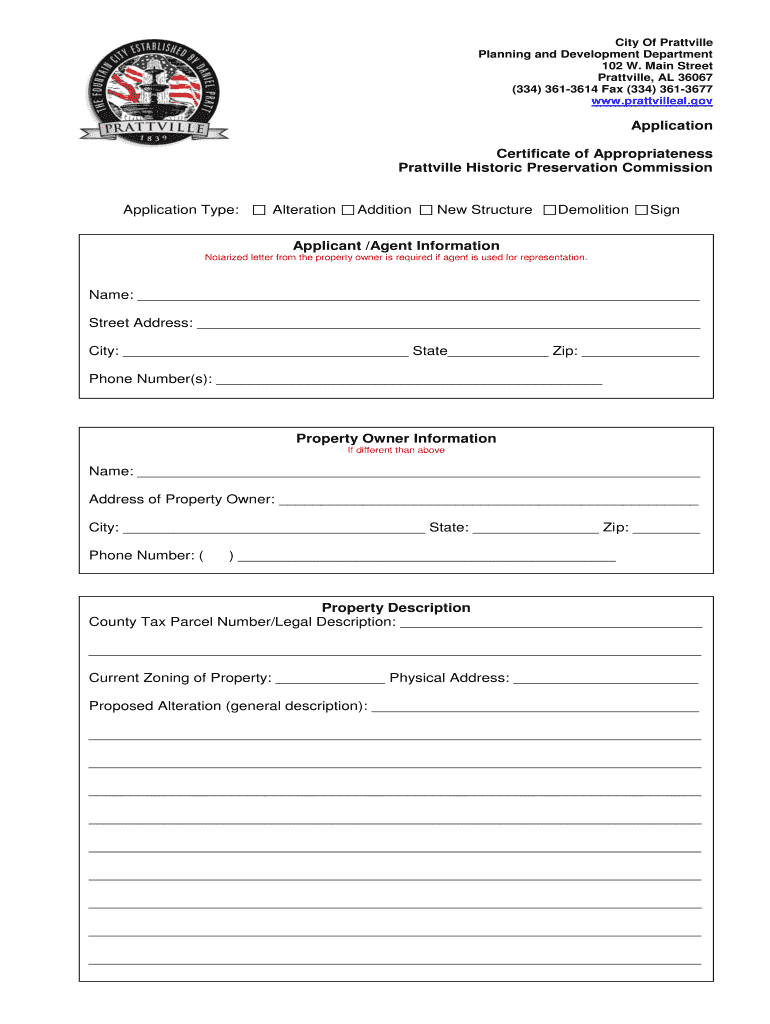 Fillable Online Certificate of Appropriateness Application Prattville