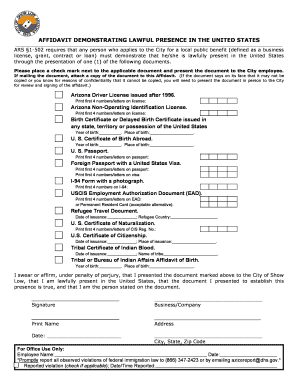 Affidavit Demonstrating Lawful Presence in the US
