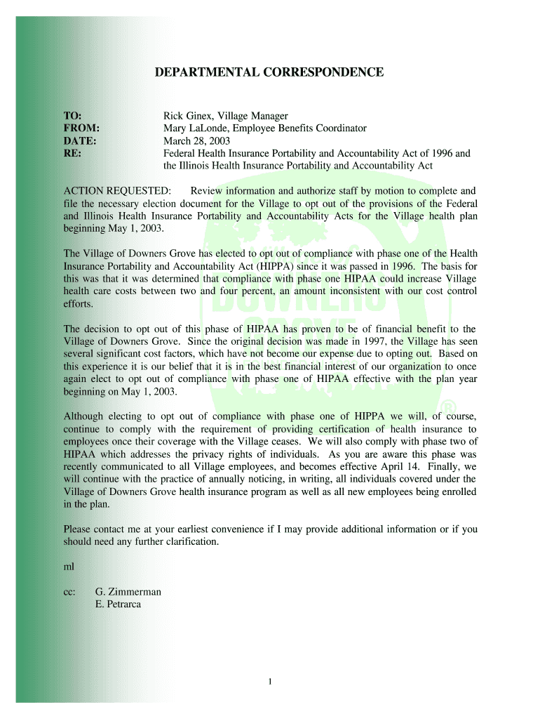 Health Insurance Portability and Accountability Act - Village of - downers Preview on Page 1
