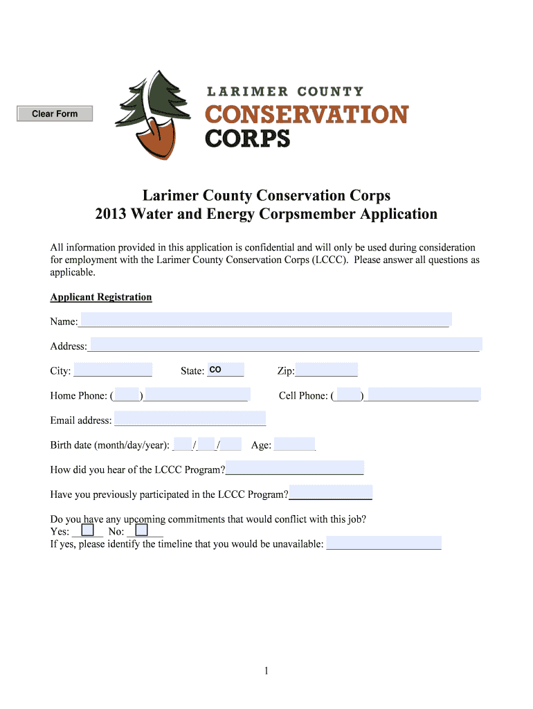 Larimer County Conservation Corps 2013 Water and Energy Corpsmember Application Preview on Page 1