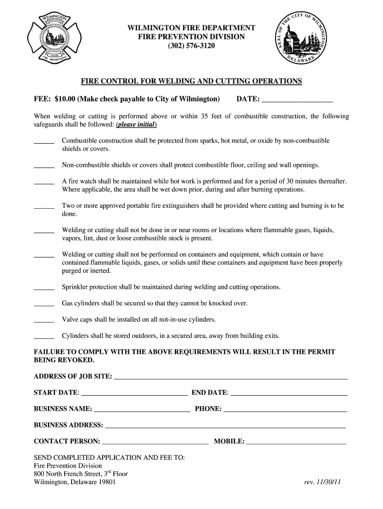 Wilmington Fire Department Welding and Cutting Operations Permit Preview on Page 1