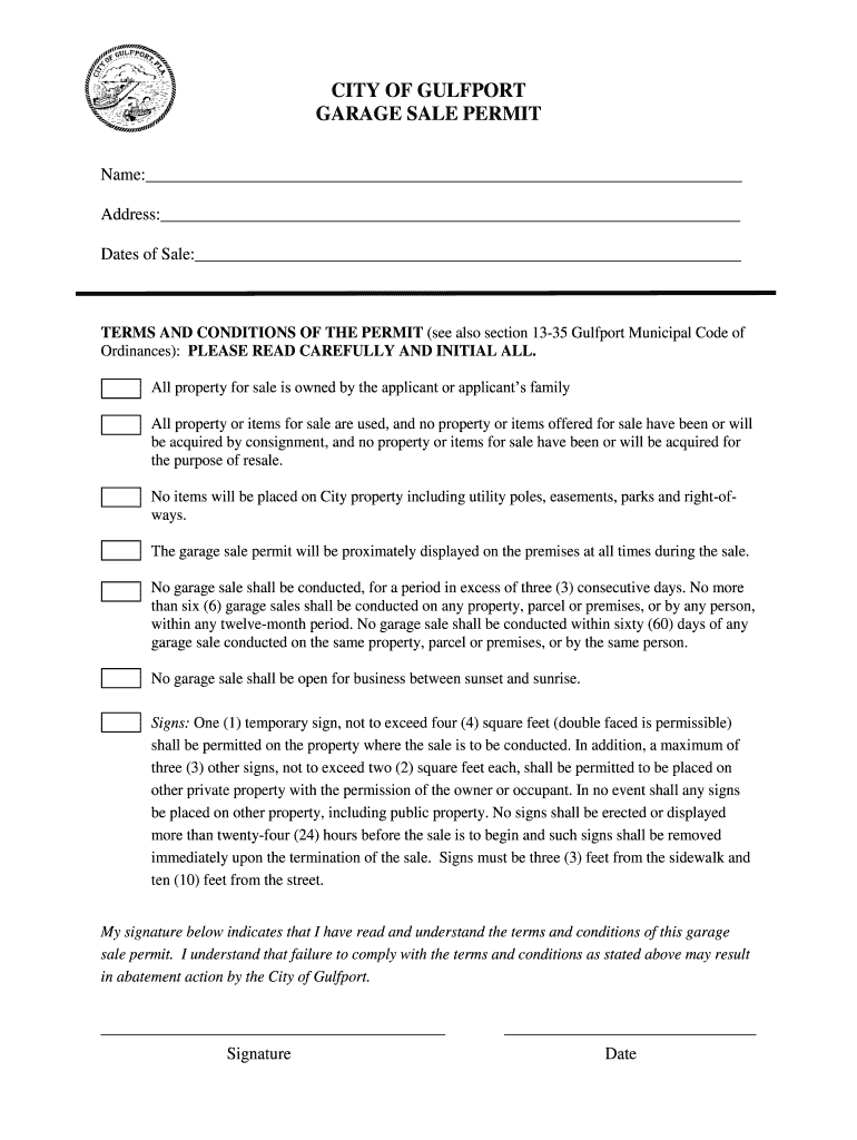 Fillable Online Garage Sale Permit Application City Of Gulfport
