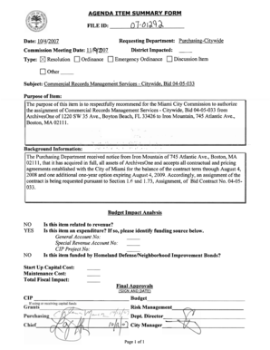 Summary letter example - AGENDA ITEM SUMMARY FORM 07-0129 2 FILE ID: Date: 10/4/2007 Requesting Department: Purchasing-Citywide Commission Meeting Date: Type: Resolution ll-Ig/m District Impacted: Ordinance Emergency Ordinance Discussion Item Other Subject: - egov