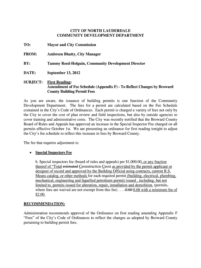 City of North Lauderdale Community Development Department Fee Amendment Preview on Page 1