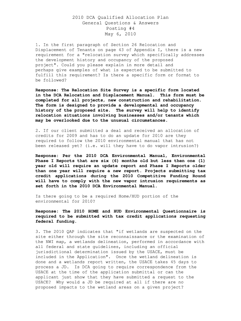 2010 DCA Qualified Allocation Plan General Questions and Answers Posting #4 Preview on Page 1