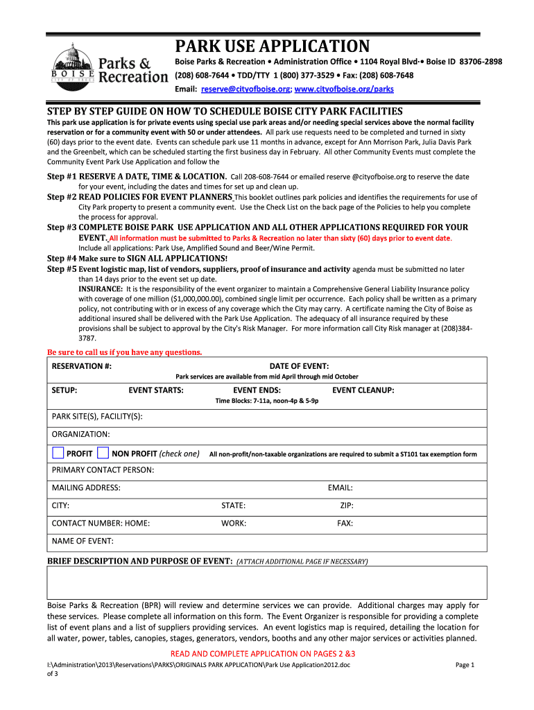 PARK USE APPLICATION Preview on Page 1