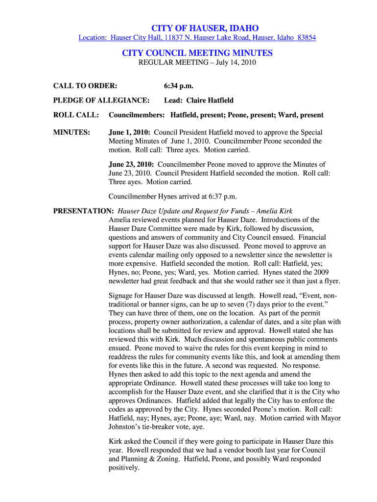 Councilmembers: Hatfield, present; Peone, present; Ward, present Preview on Page 1