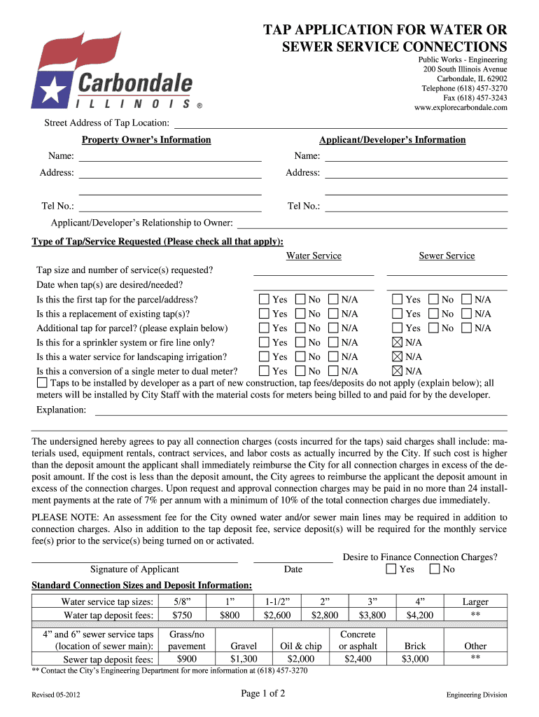 TAP APPLICATION FOR WATER OR SEWER SERVICE CONNECTIONS Preview on Page 1