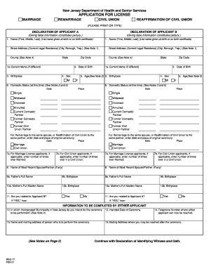 New Jersey Marriage or Civil Union License Application