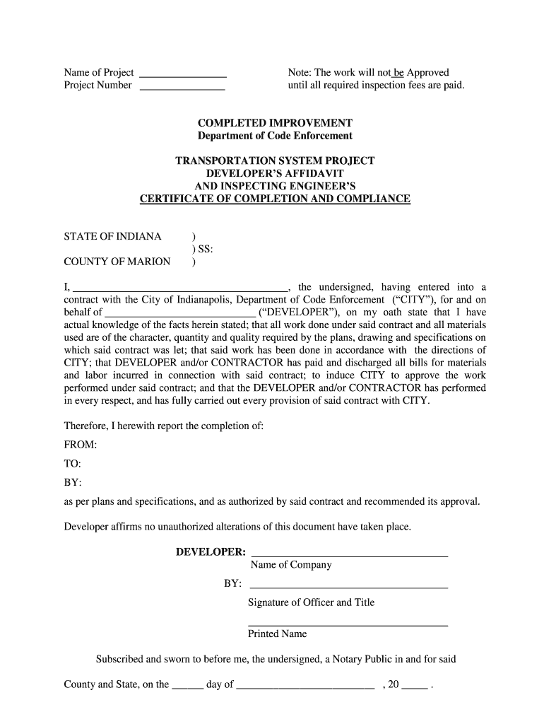 Developer's Affidavit and Inspecting Engineer's Certificate of Completion and Compliance Preview on Page 1