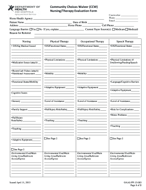 Community Choices Waiver Nursing/Therapy Evaluation Form