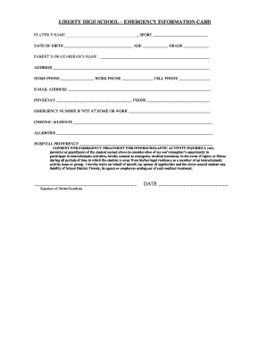 Liberty High School Emergency Information Card