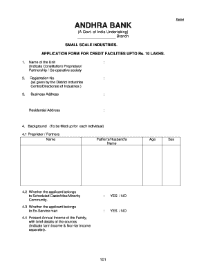 Andhra Bank Small Scale Industries Credit Application
