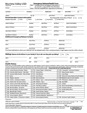 Murrieta Valley USD Emergency-Release/Health Form