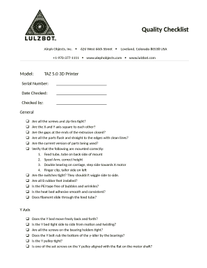 TAZ 5.0 3D Printer Quality Checklist