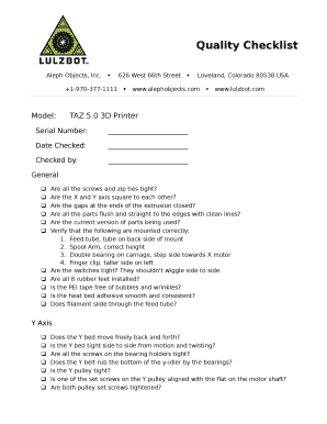TAZ 5.0 3D Printer Quality Checklist