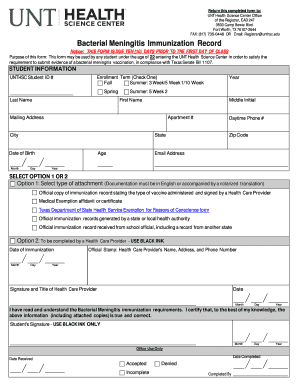 Bacterial Meningitis Immunization Record