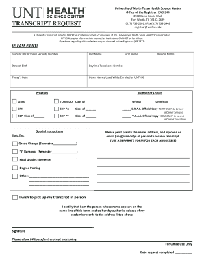University of North Texas Health Science Center Transcript Request