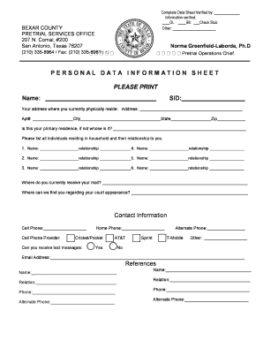 Pretrial Services Personal Data Information Sheet