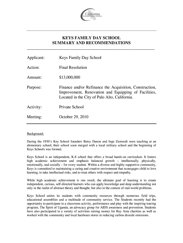 Fillable Online KEYS FAMILY DAY SCHOOL SUMMARY AND