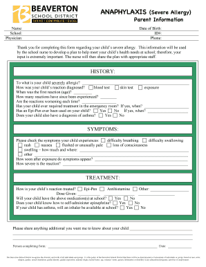 Anaphylaxis Severe Allergy Parent Information Form
