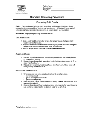 Standard Operating Procedure for Preparing Cold Foods