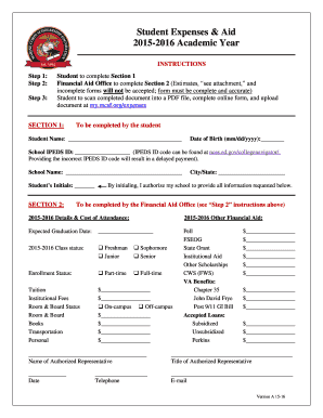 Student Expenses and Aid Form