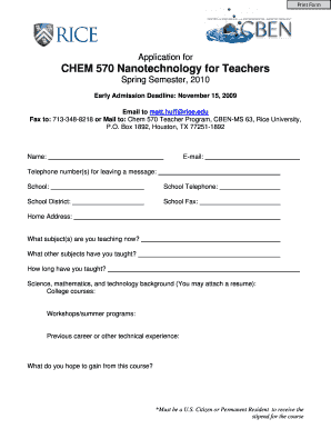 Application for CHEM 570 Nanotechnology for Teachers - cben rice