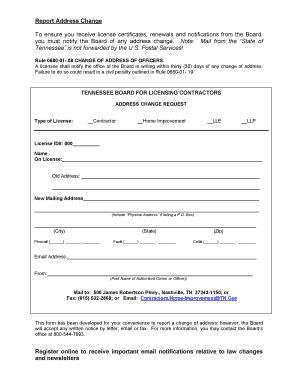 Tennessee Contractor Address Change Form