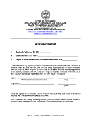 Tennessee Contractor License Lower Limit Request