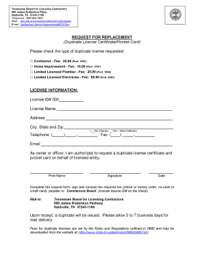 Tennessee Contractor License Replacement Request