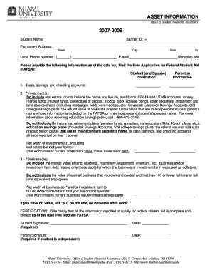 Student Financial Aid Asset Information Form