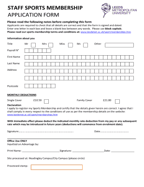 Staff Sports Membership Application Form