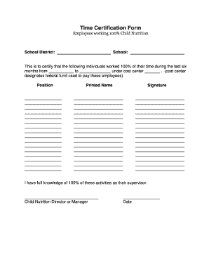 Time Certification Form for Child Nutrition Employees