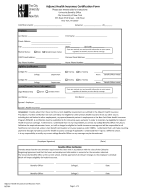 Adjunct Health Insurance Certification Form