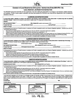 Changes to Class Registration Application – Instructors (Form AWI-VPK-11A)