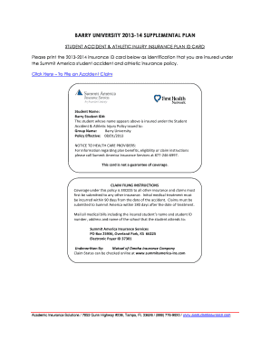 Barry University Student Accident Insurance ID Card