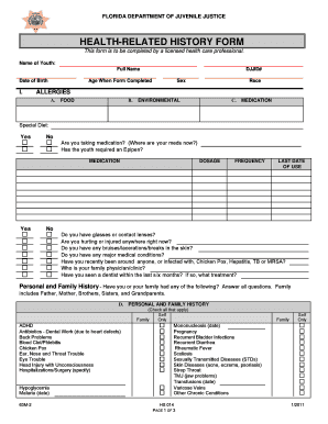 Florida Juvenile Justice Health History Form