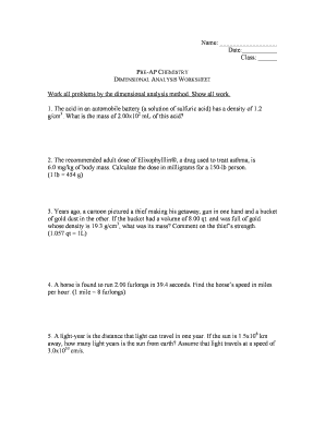 Pre-AP Chemistry Dimensional Analysis Worksheet